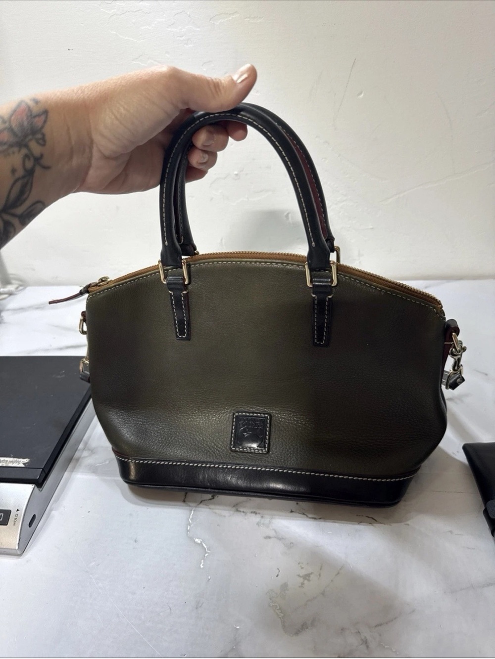 Dooney & Bourke Olive and Black Leather Satchel